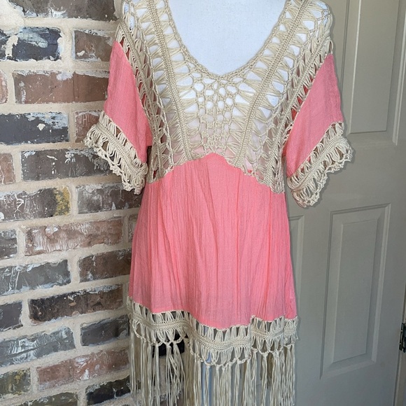 Kori Peach Bohemian Crochet Lace Fringe Top Swim Coverup Dress Gauzy Sz S - Picture 10 of 11